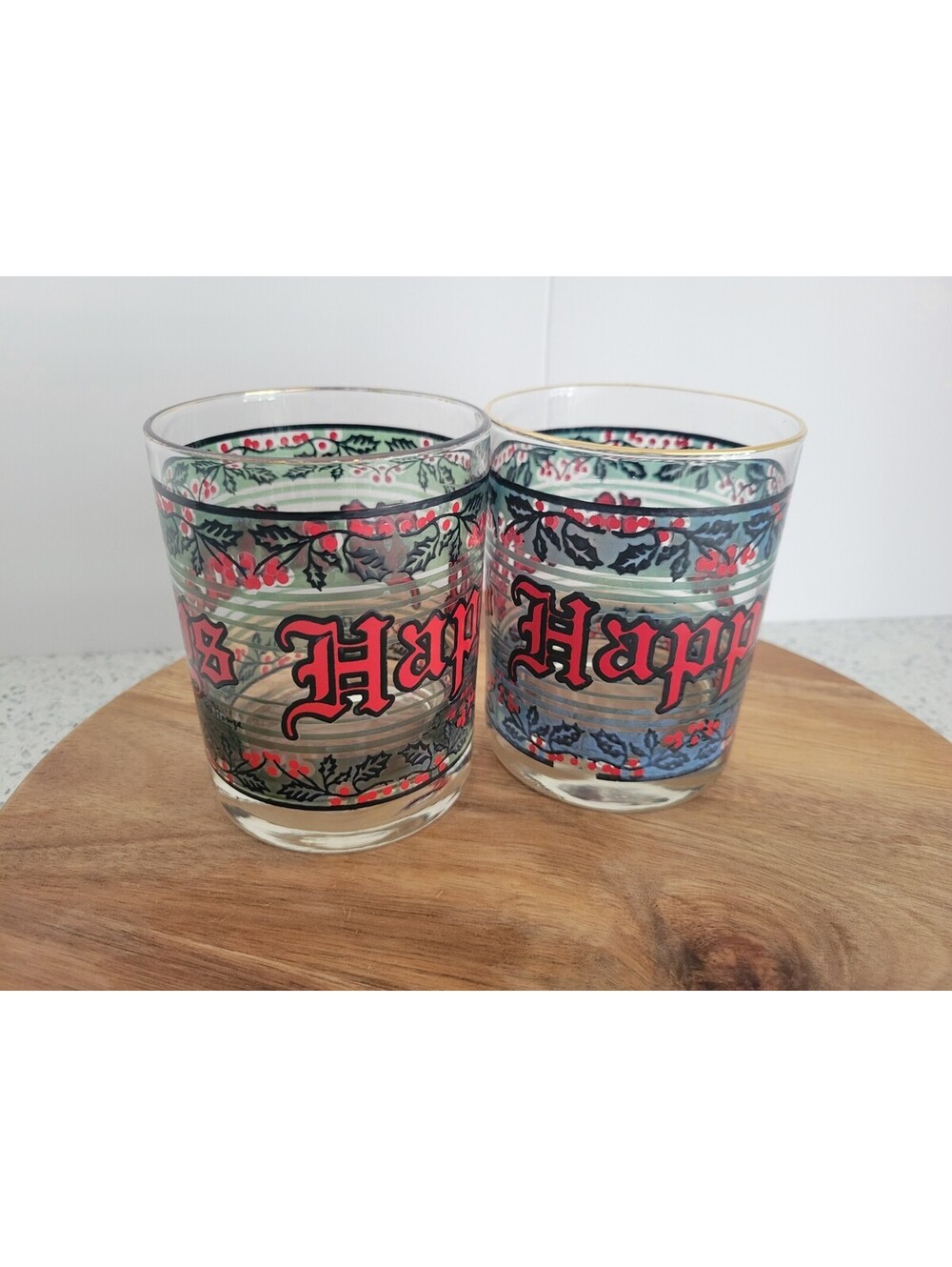 Houze Vtg Low Ball Christmas Glasses Happy Holidays Stained Glass Set Of 2